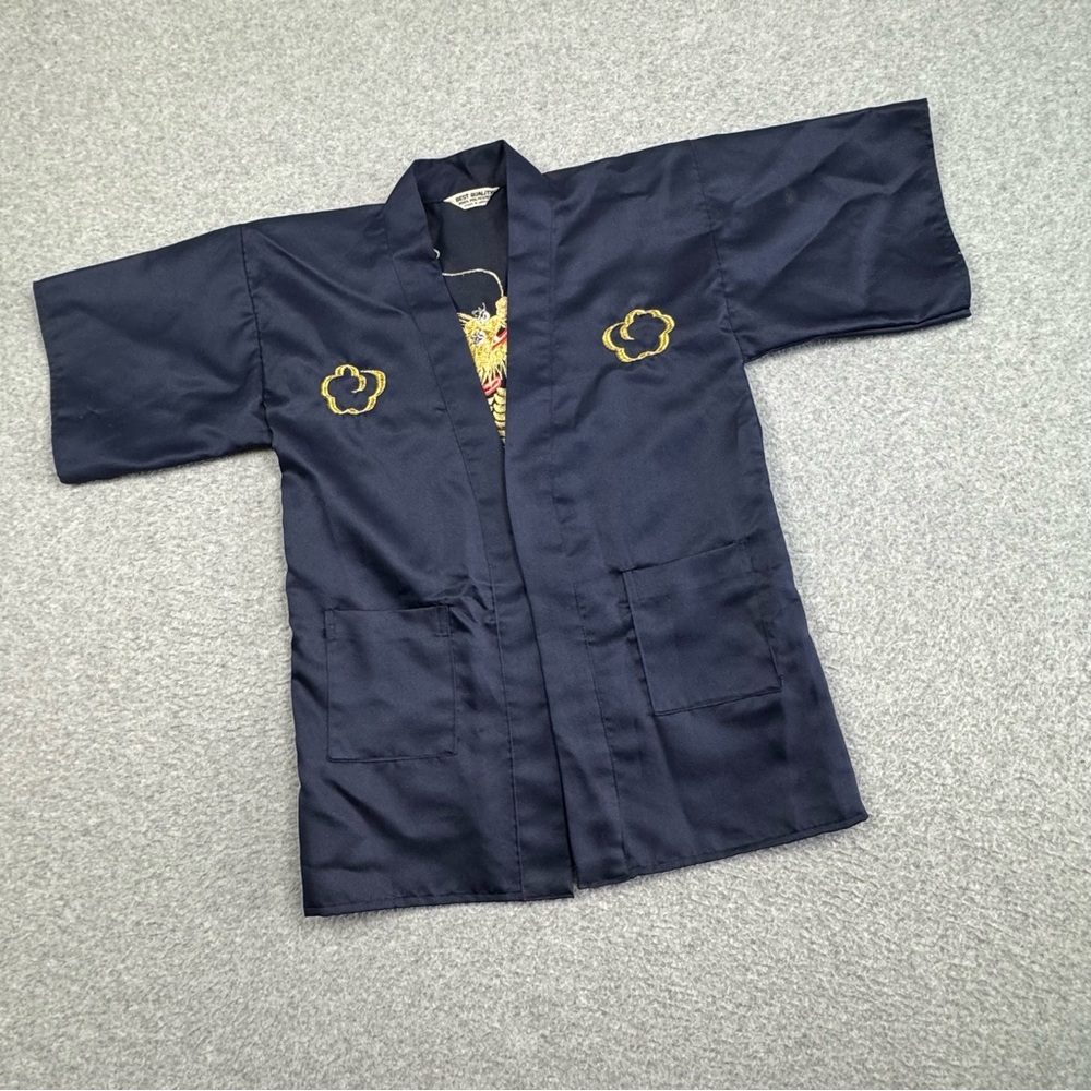 VTG‎ Best Quality Dragon Embroidered Kimono Shirt Womens Small Polyester Navy